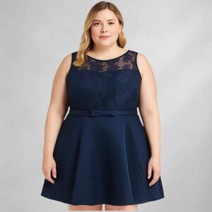 D2 Dress Size 18 Elegant Navy Blue Sleeveless Floral Lace Mesh Formal Dress